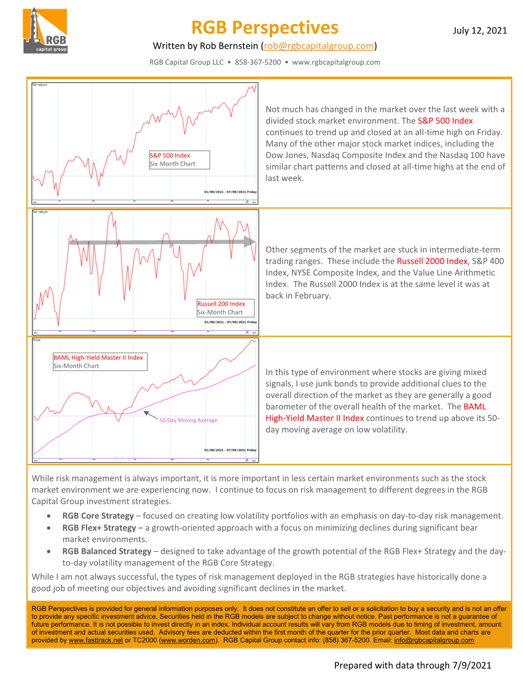 RGB Perspectives July 12, 2021 Written by Rob Bernstein (Rob@Rgbcapitalgroup.Com) RGB Capital Group LLC • 858-367-5200 •