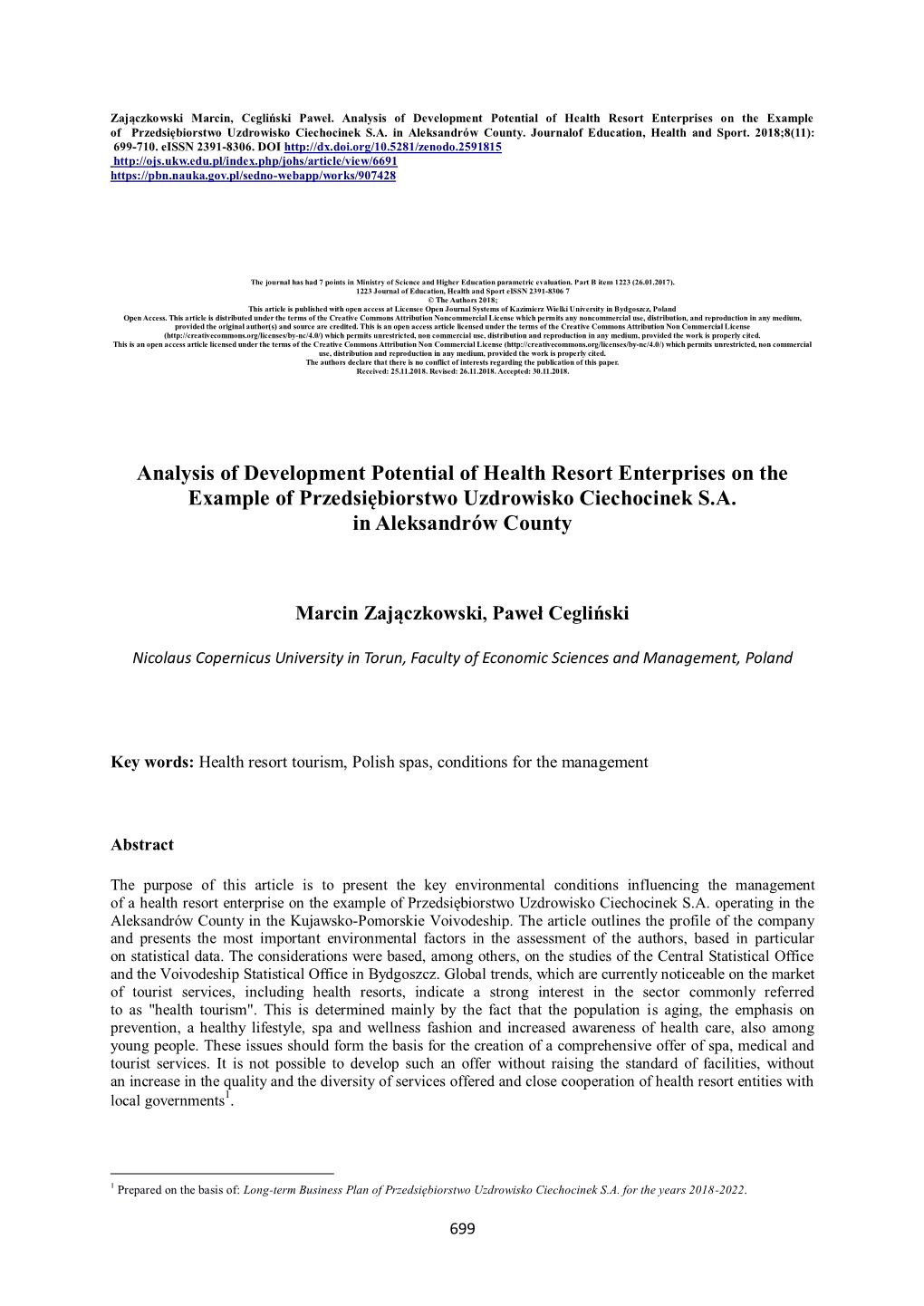 Analysis of Development Potential of Health Resort Enterprises on the Example of Przedsiębiorstwo Uzdrowisko Ciechocinek S.A