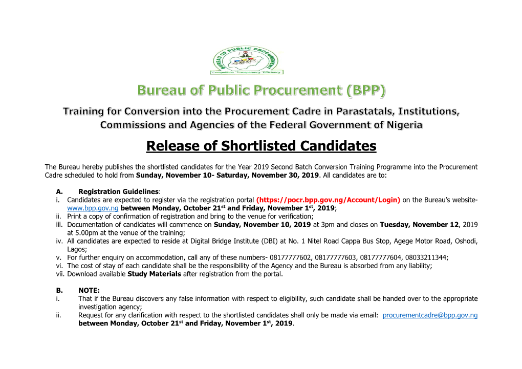 Release of Shortlisted Candidates