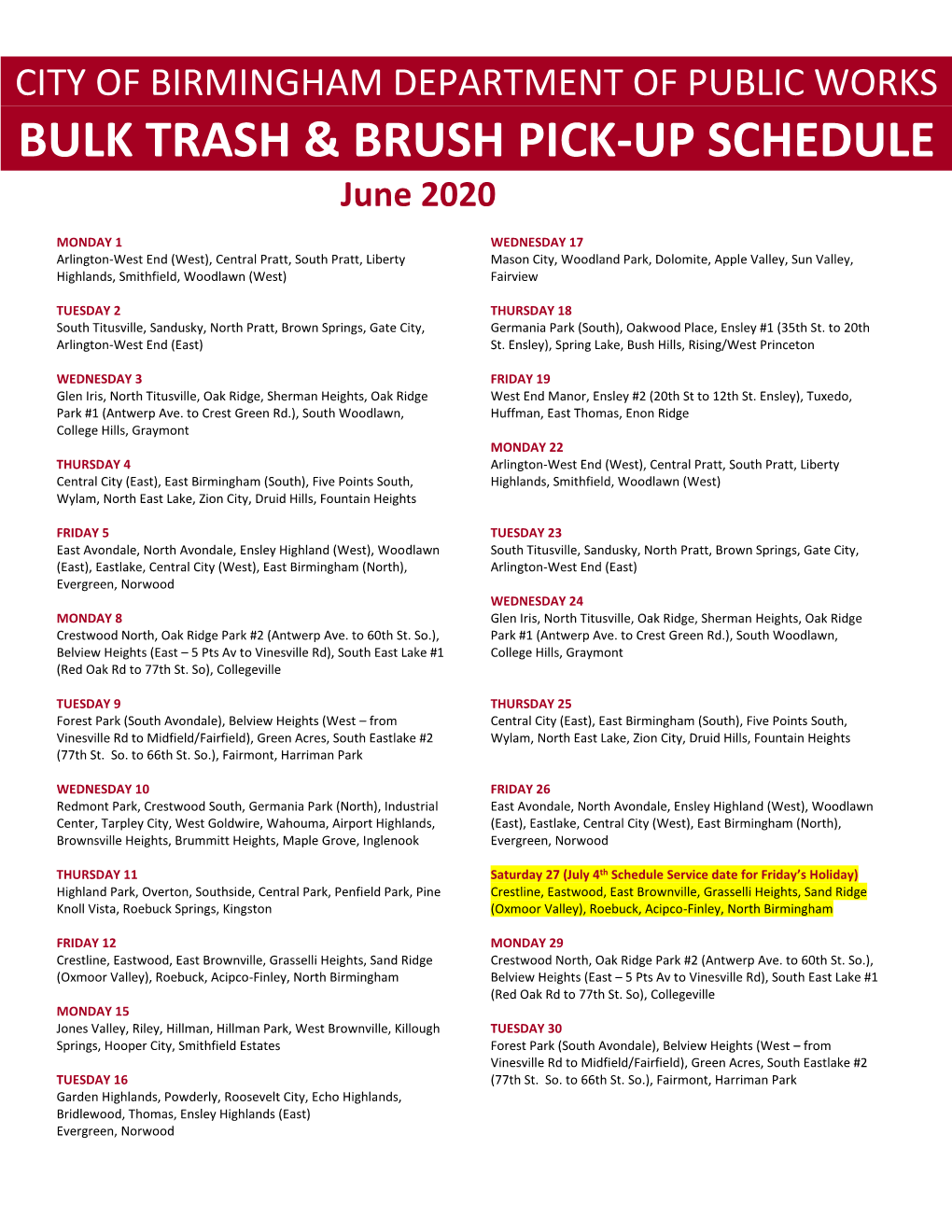Bulk Trash & Brush Pick-Up Schedule