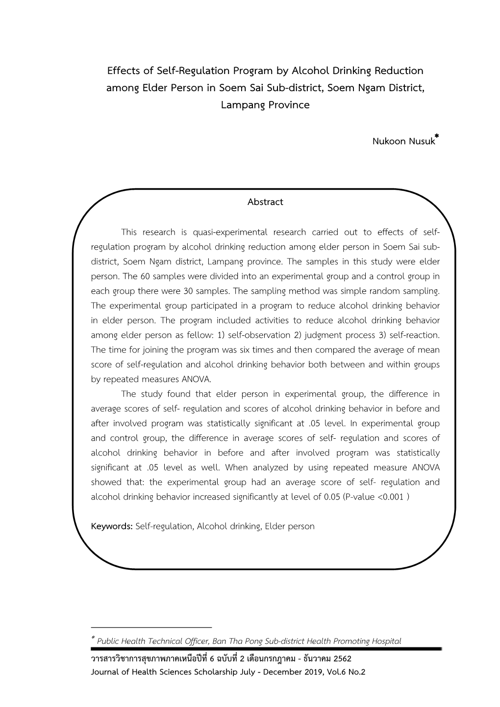 Effects of Self-Regulation Program by Alcohol Drinking Reduction Among Elder Person in Soem Sai Sub-District, Soem Ngam District, Lampang Province