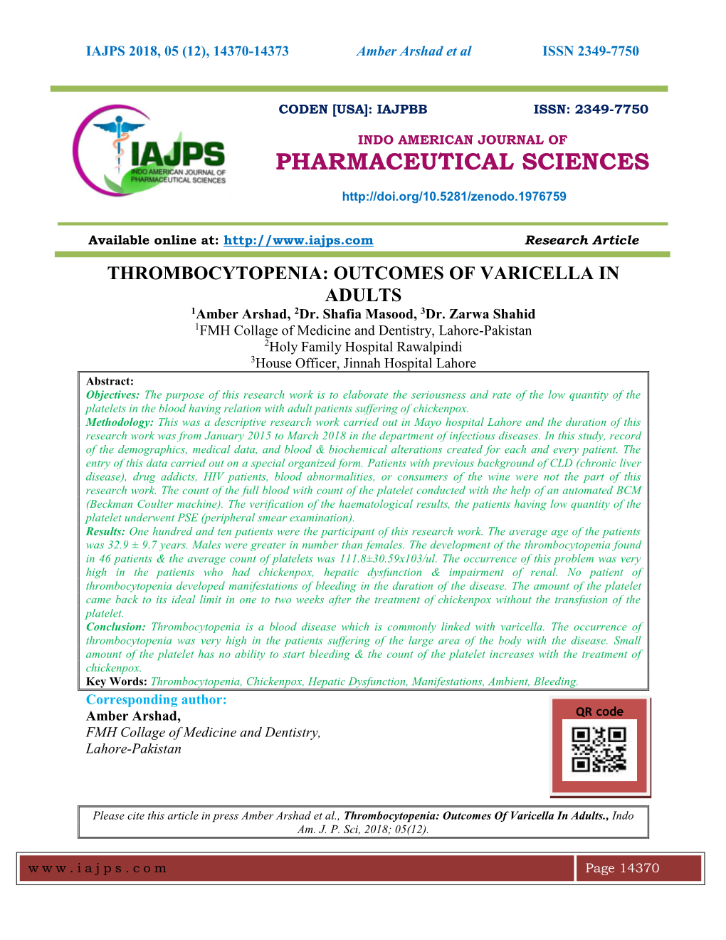 THROMBOCYTOPENIA: OUTCOMES of VARICELLA in ADULTS 1Amber Arshad, 2Dr