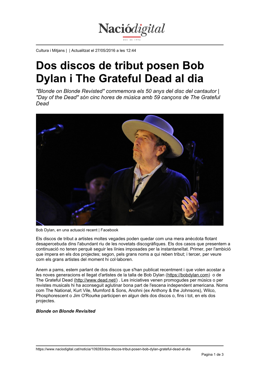 Dos Discos De Tribut Posen Bob Dylan I the Grateful Dead Al