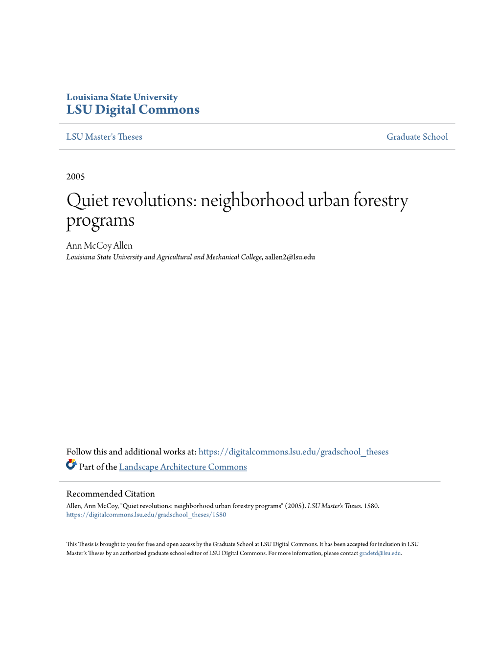 Neighborhood Urban Forestry Programs Ann Mccoy Allen Louisiana State University and Agricultural and Mechanical College, Aallen2@Lsu.Edu