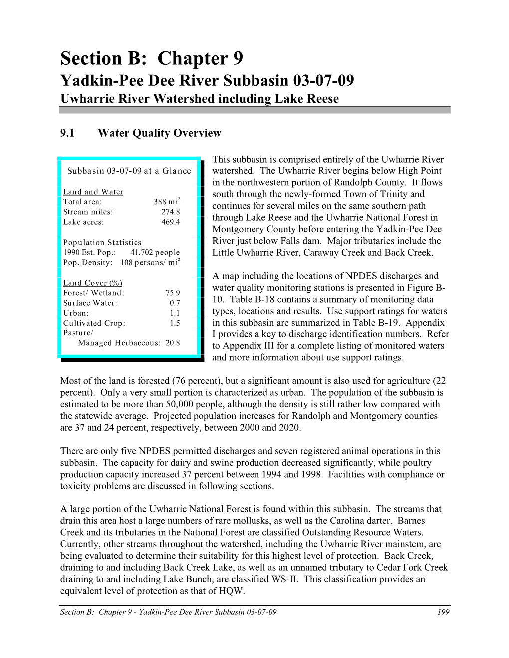 Section B: Chapter 9 Yadkin-Pee Dee River Subbasin 03-07-09 Uwharrie River Watershed Including Lake Reese