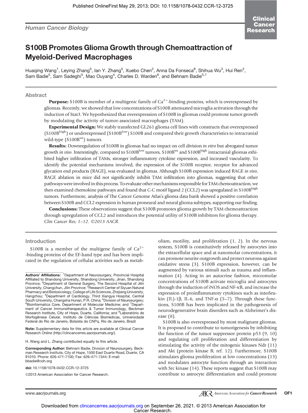 S100B Promotes Glioma Growth Through Chemoattraction of Myeloid-Derived Macrophages