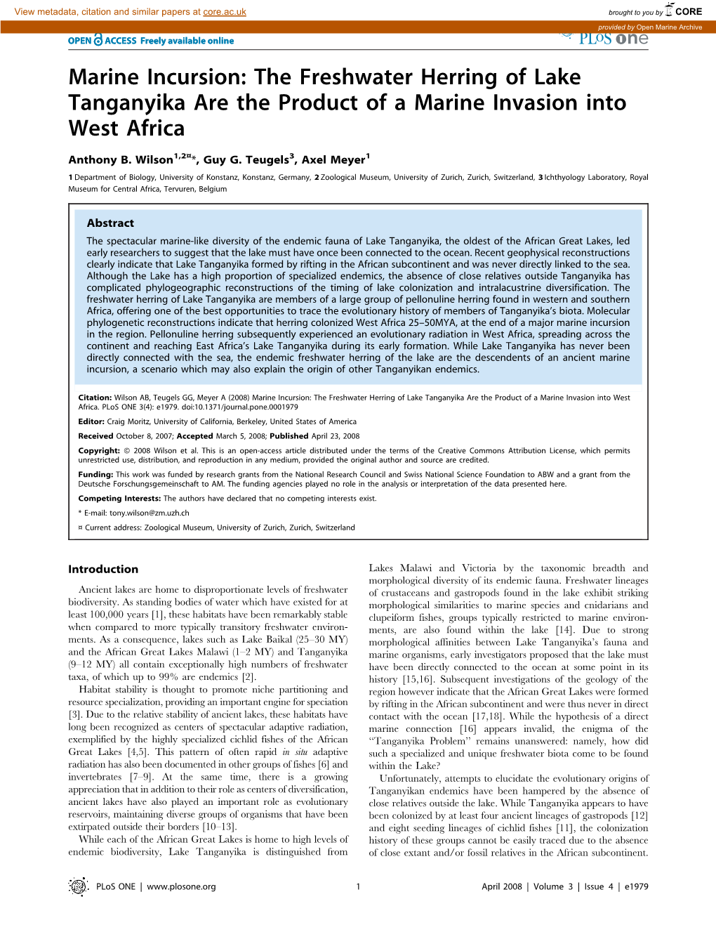 The Freshwater Herring of Lake Tanganyika Are the Product of a Marine Invasion Into West Africa