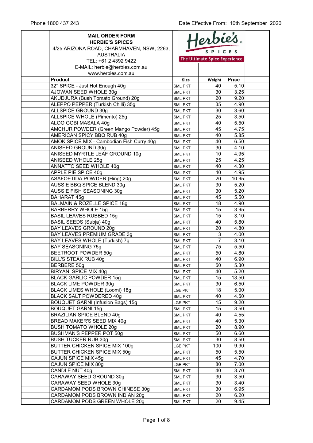 10Th September 2020 MAIL ORDER FORM