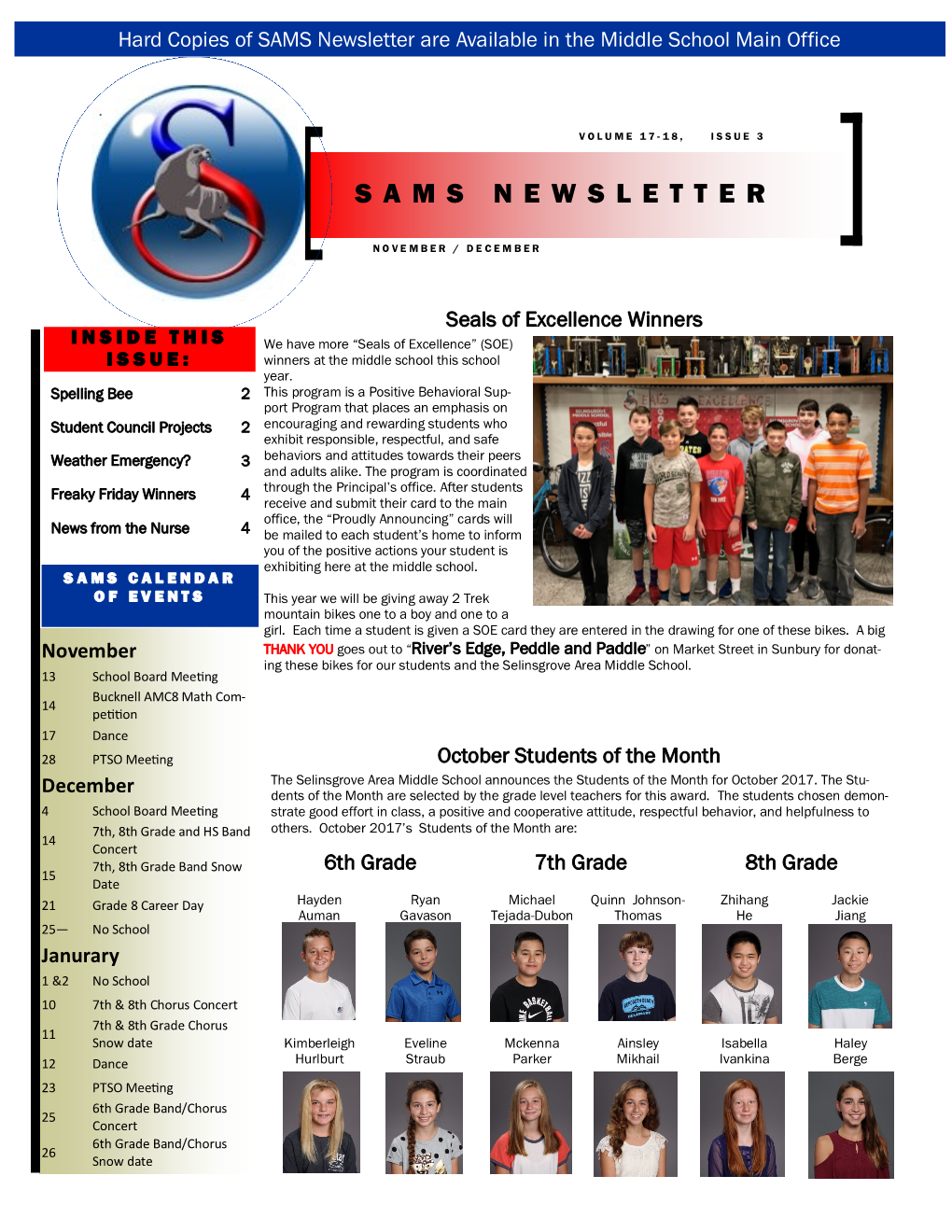 SAMS Newsletter Are Available in the Middle School Main Office
