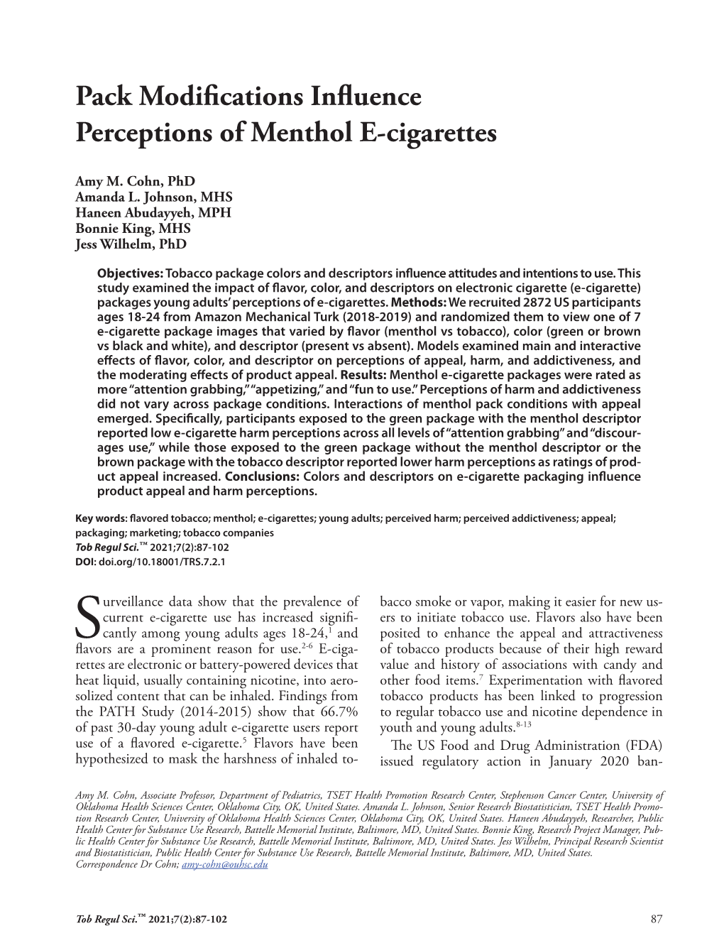 Pack Modifications Influence Perceptions of Menthol E-Cigarettes