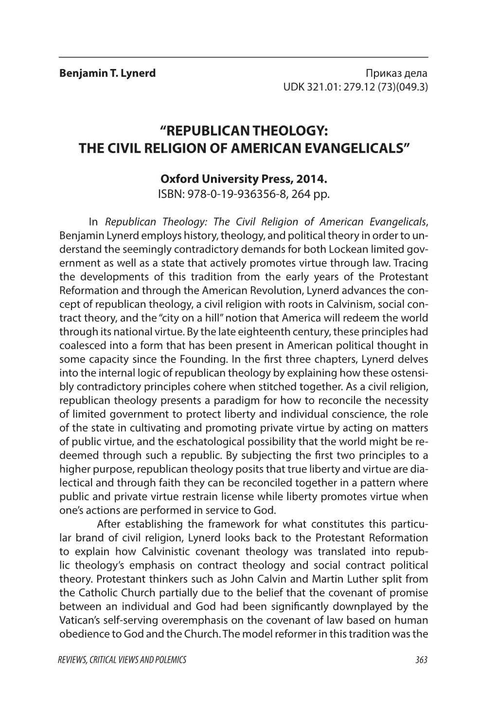 “Republican Theology: the Civil Religion of American Evangelicals”