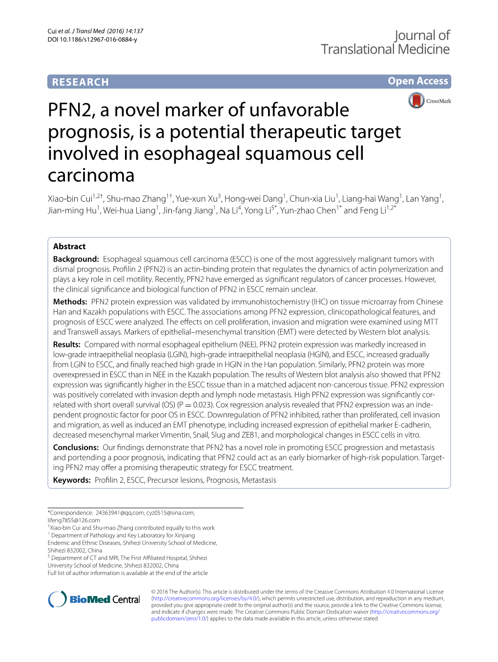 PFN2, a Novel Marker of Unfavorable Prognosis, Is a Potential Therapeutic