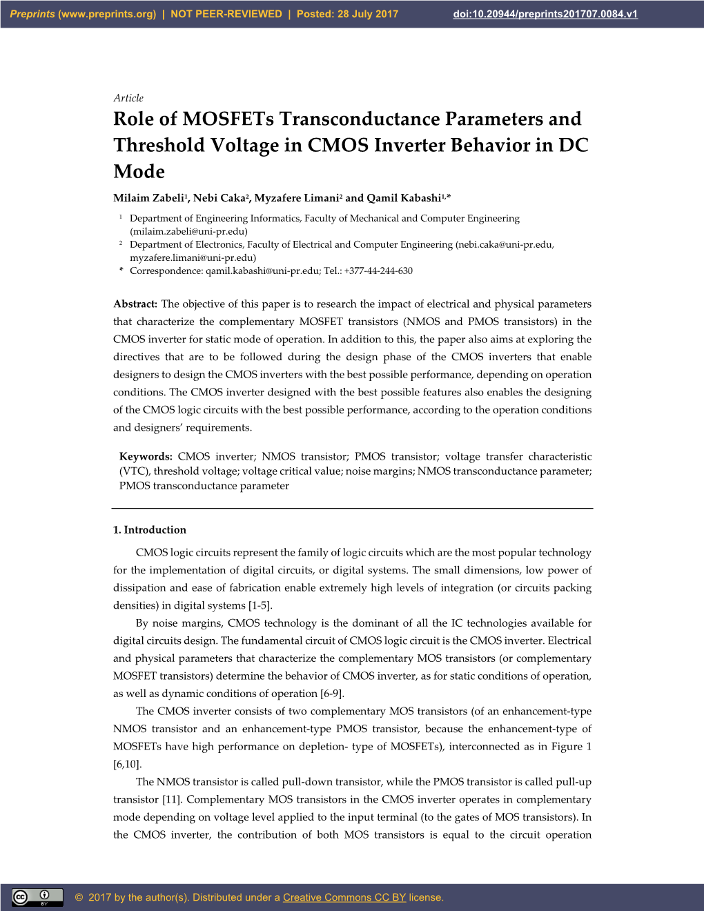 Role of Mosfets Transconductance Parameters and Threshold Voltage in CMOS Inverter Behavior in DC Mode