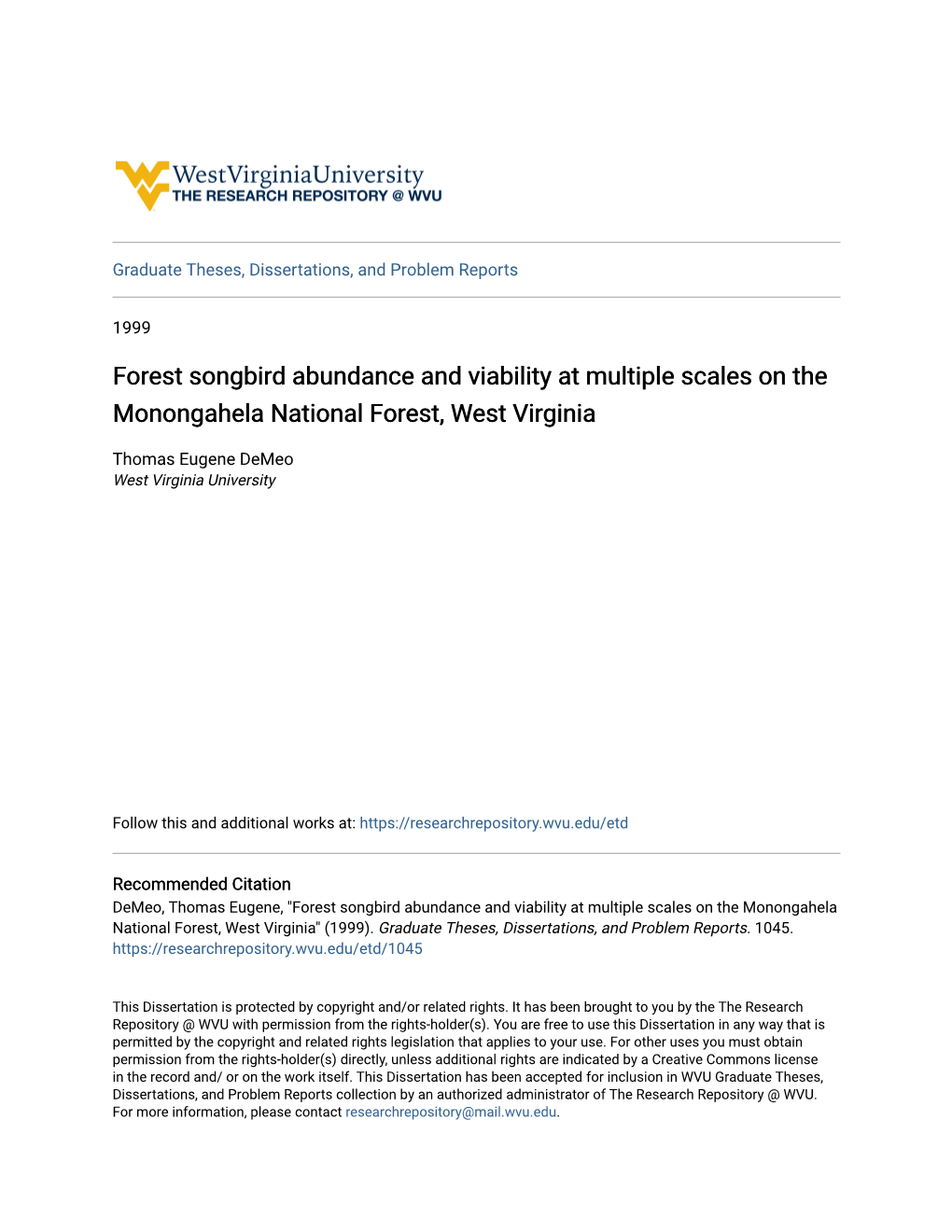 Forest Songbird Abundance and Viability at Multiple Scales on the Monongahela National Forest, West Virginia