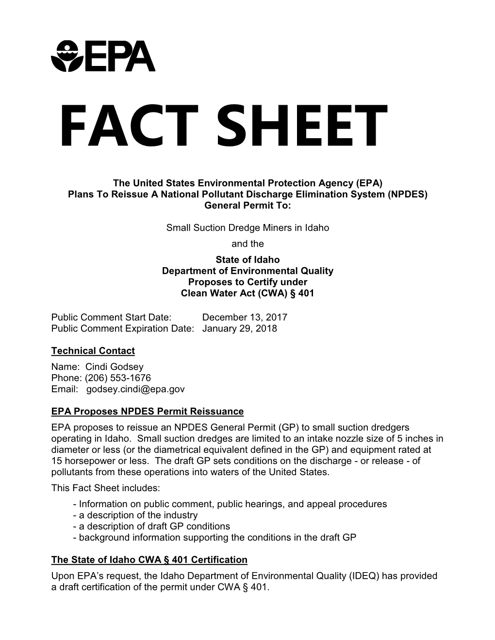 Fact Sheet for the Draft NPDES General Permit for Suction Dredge