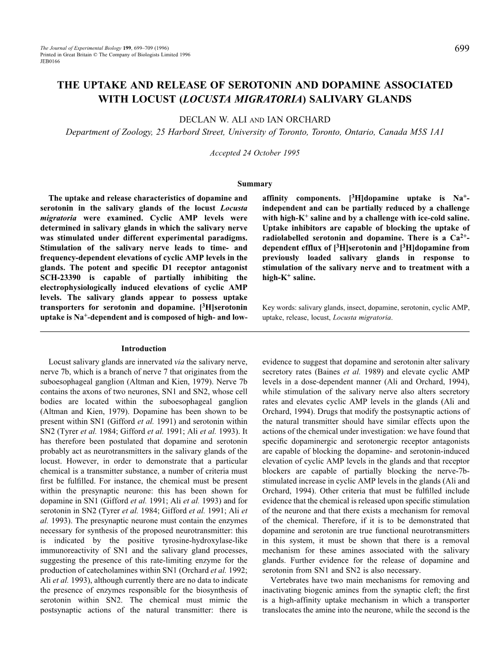 The Uptake and Release of Serotonin and Dopamine Associated with Locust (Locusta Migratoria) Salivary Glands