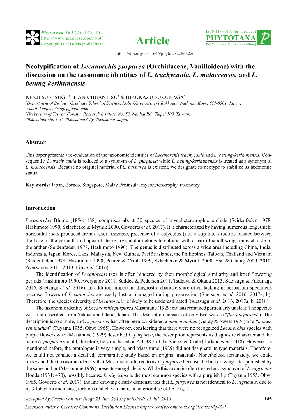 Neotypification of Lecanorchis Purpurea (Orchidaceae, Vanilloideae) with the Discussion on the Taxonomic Identities of L