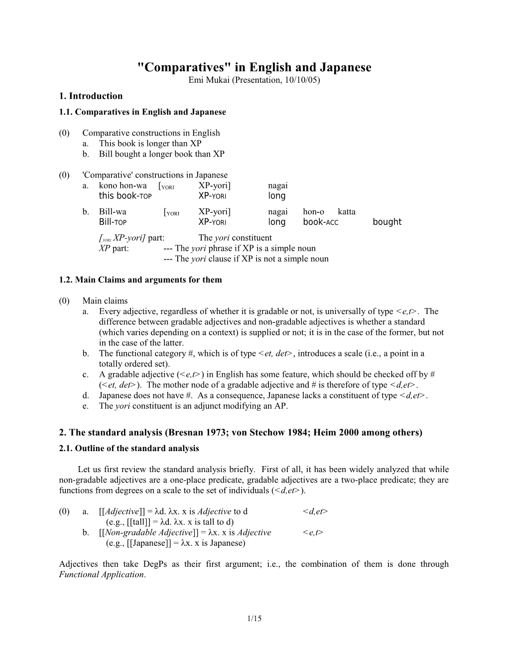 Comparatives in Japanese (Yori Constructions)