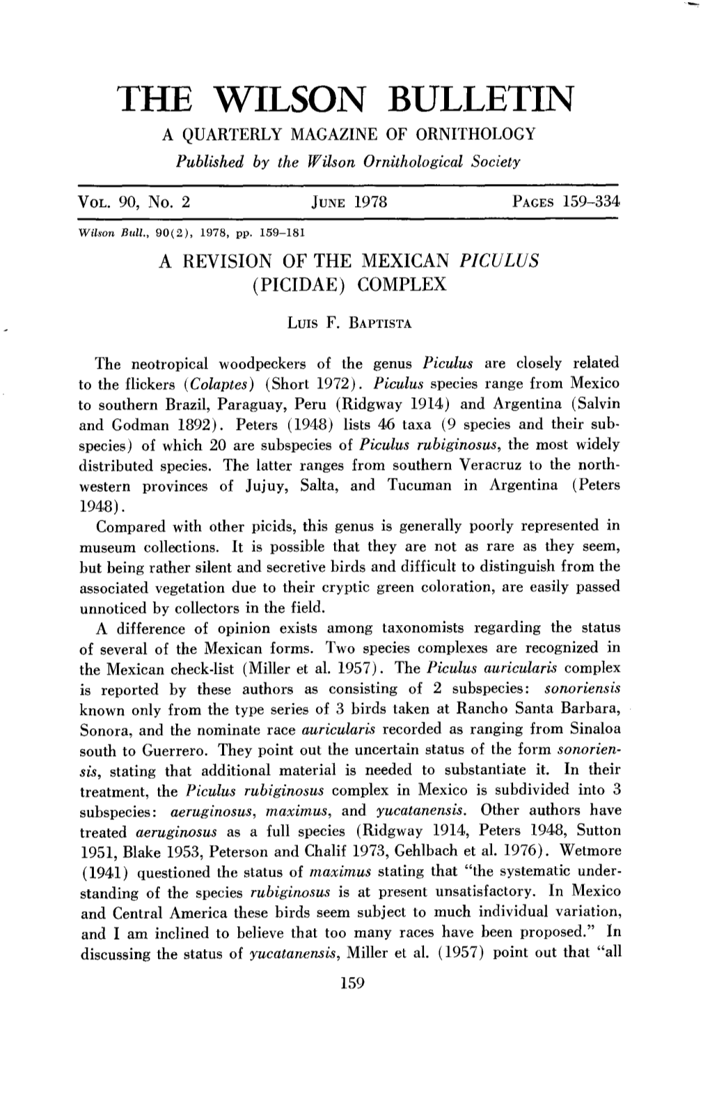 A Revision of the Mexican Piculus (Picidae) Complex