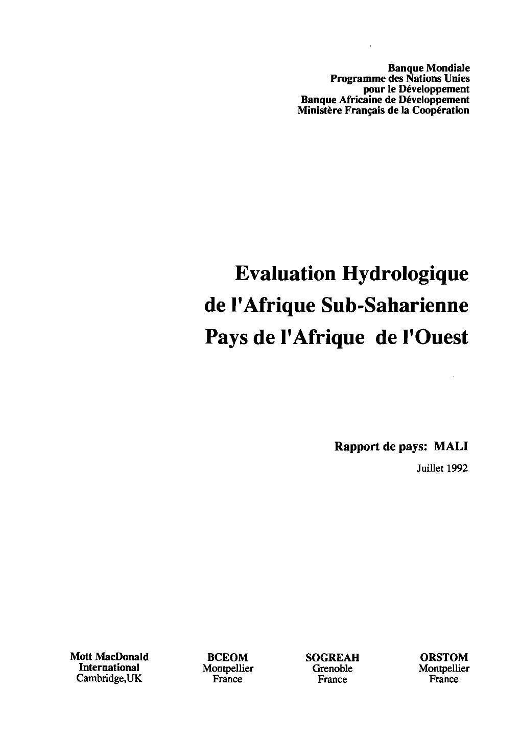 Evaluation Hydrologique De L'afrique Sub-Saharienne. Pays De L