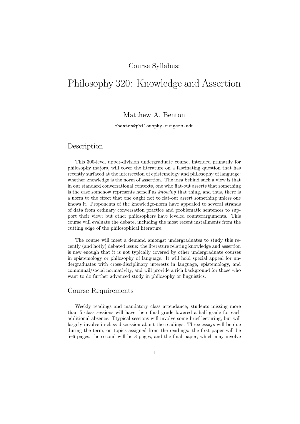 Philosophy 320: Knowledge and Assertion