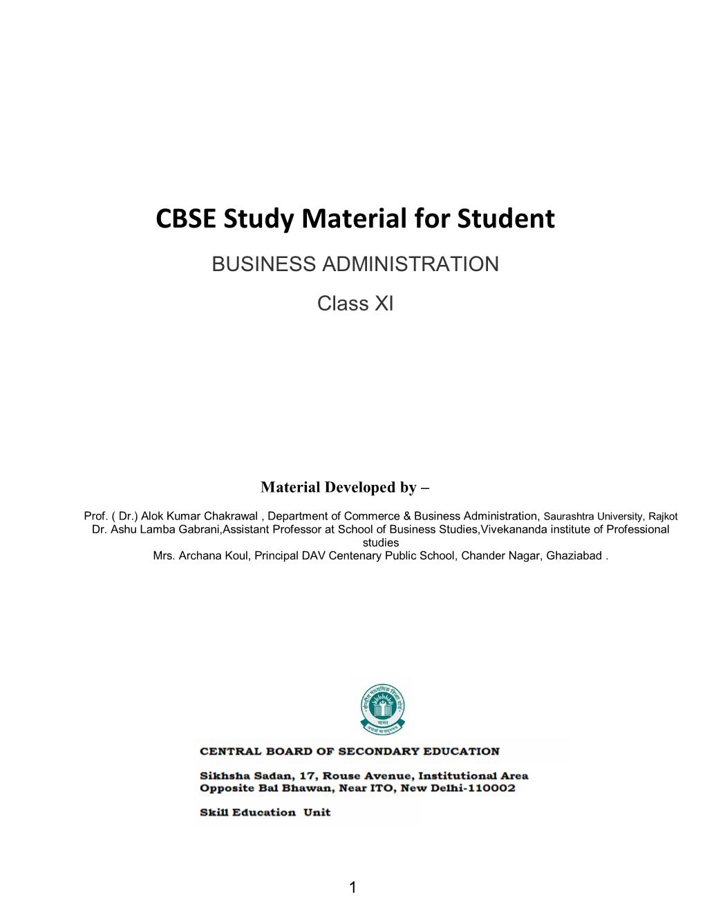 CBSE Study Material for Student BUSINESS ADMINISTRATION Class XI