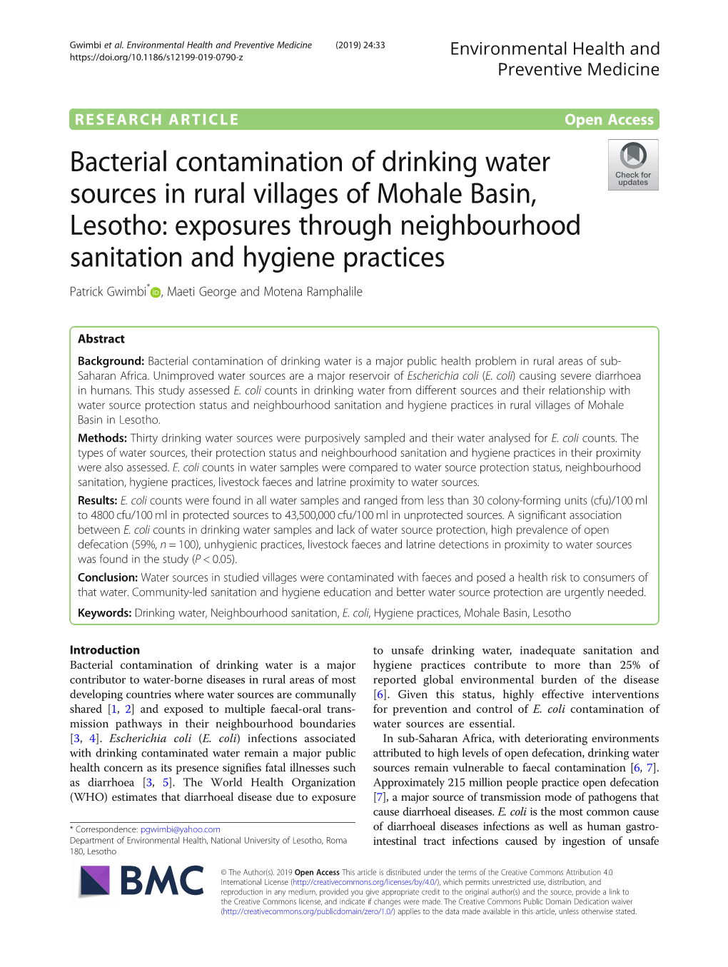 Bacterial Contamination of Drinking Water Sources in Rural Villages Of