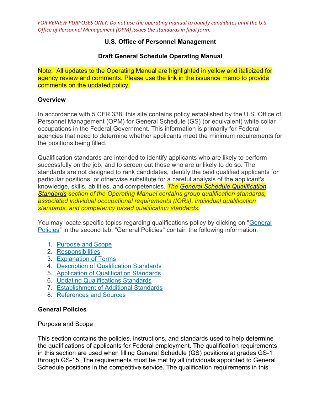 Draft General Schedule Operating Manual