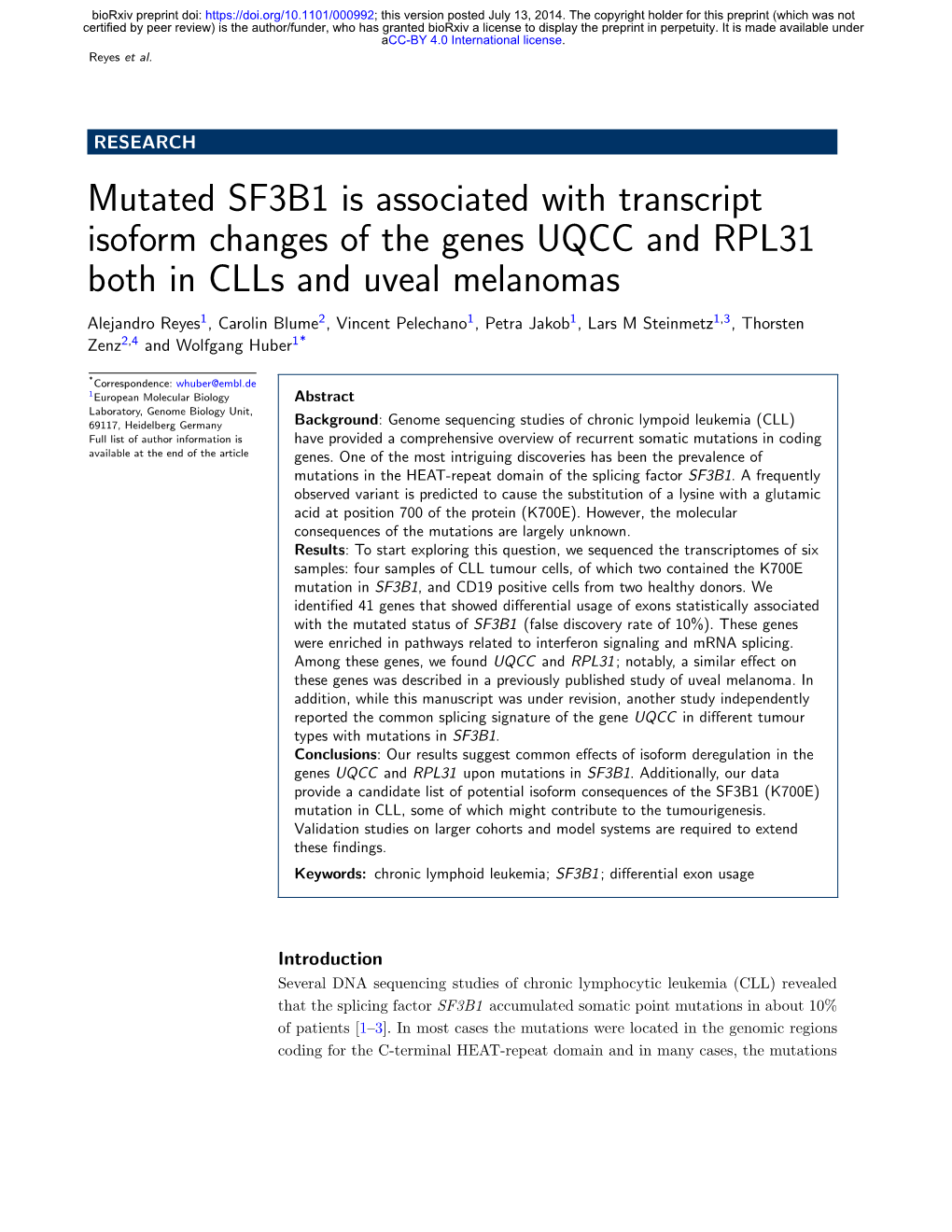 Mutated SF3B1 Is Associated with Transcript Isoform Changes of The