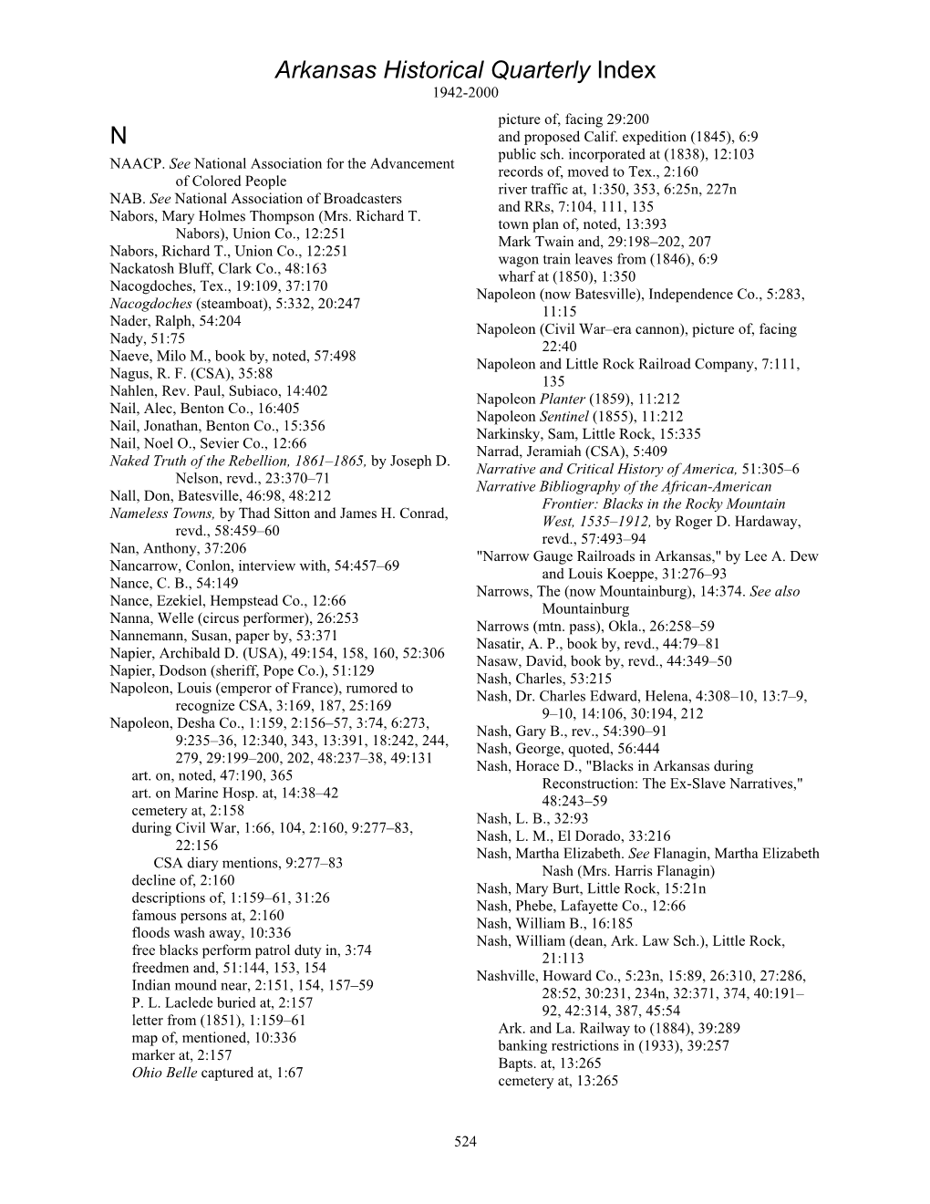 Arkansas Historical Quarterly Index N