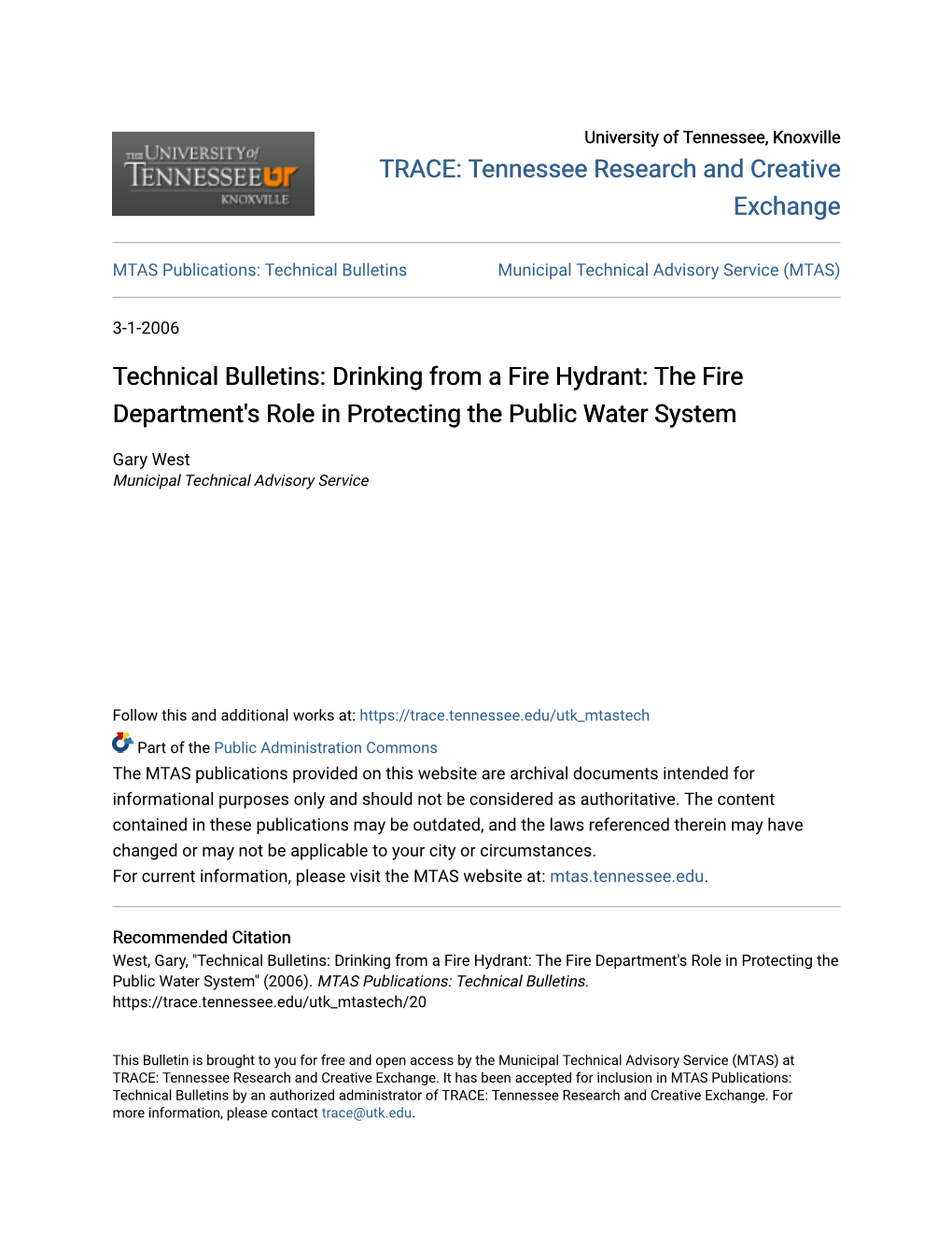 Technical Bulletins: Drinking from a Fire Hydrant: the Fire Department's Role in Protecting the Public Water System