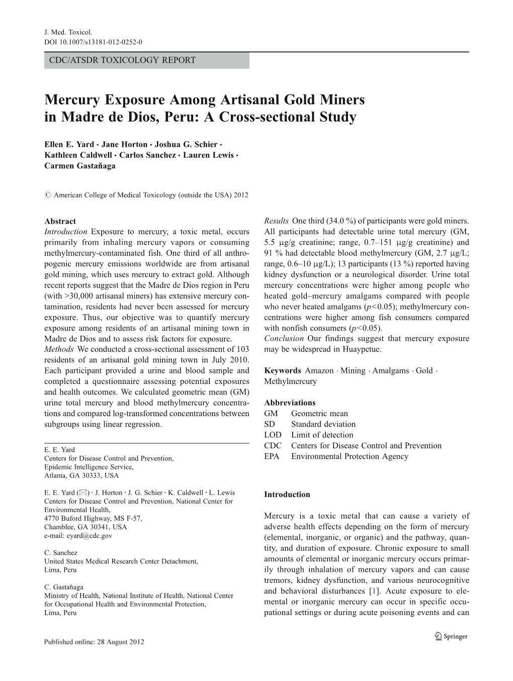 Mercury Exposure Among Artisanal Gold Miners in Madre De Dios, Peru: a Cross-Sectional Study