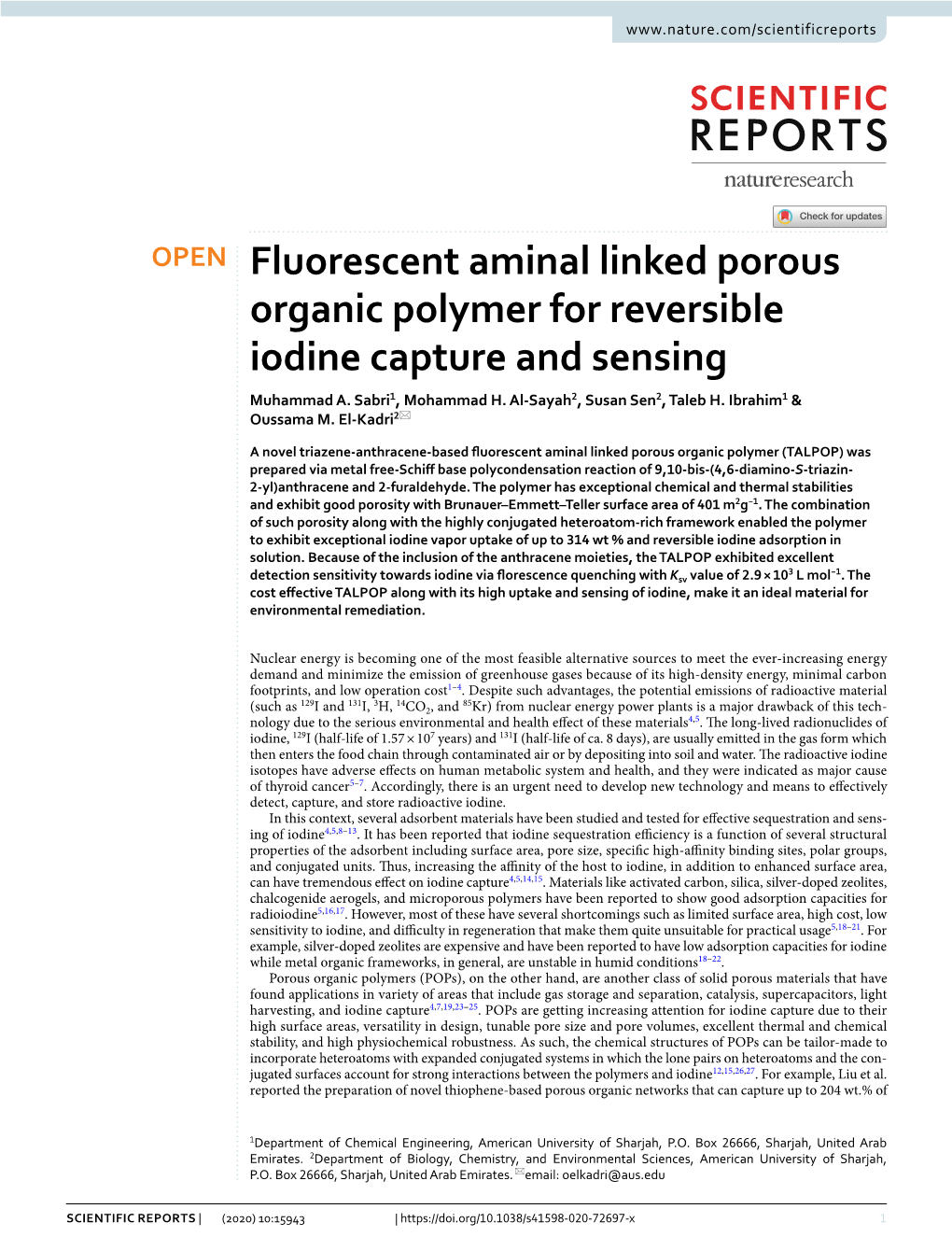 Fluorescent Aminal Linked Porous Organic Polymer for Reversible Iodine Capture and Sensing Muhammad A