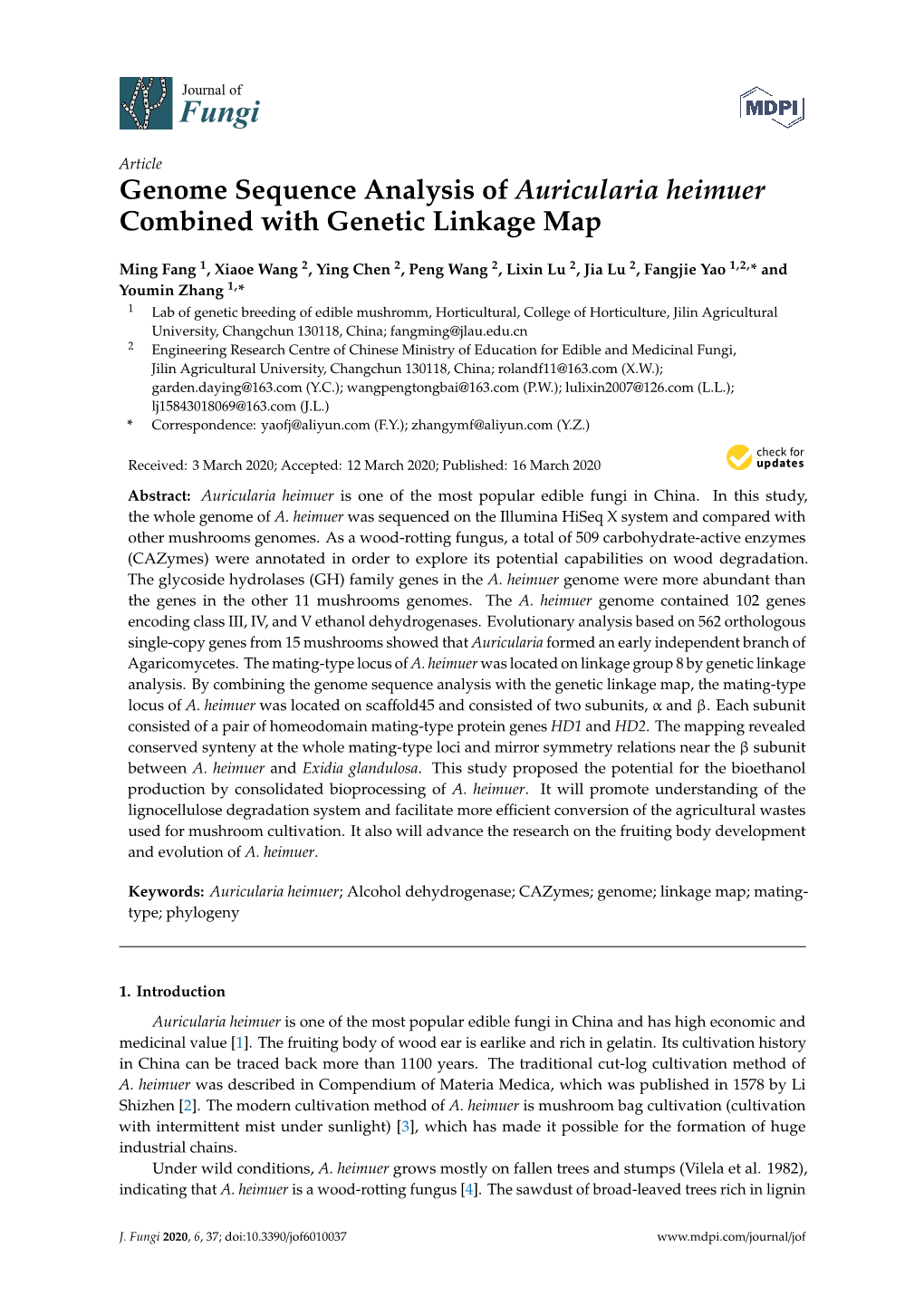 Genome Sequence Analysis of Auricularia Heimuer Combined with Genetic Linkage Map