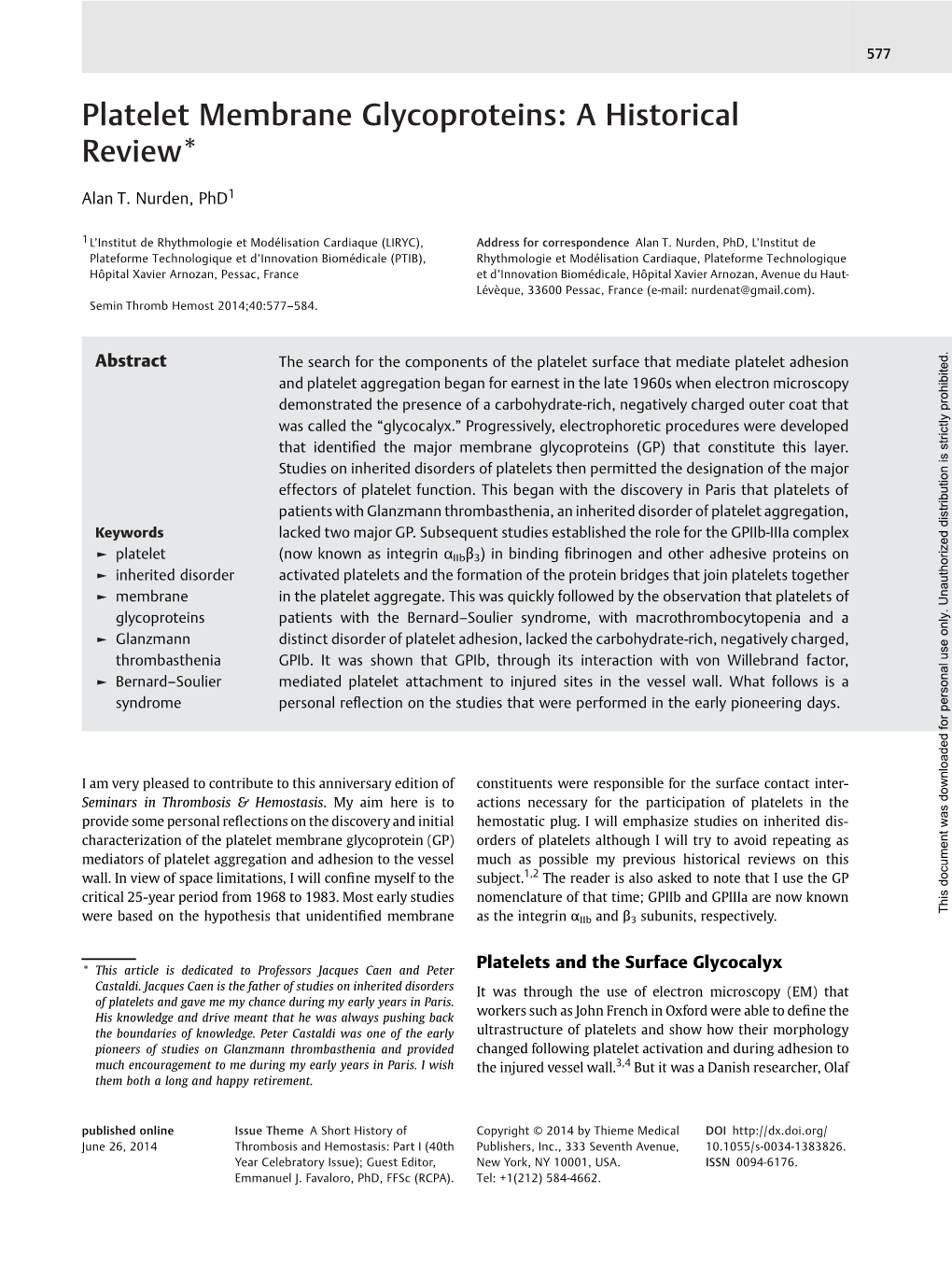 Platelet Membrane Glycoproteins: a Historical Review*