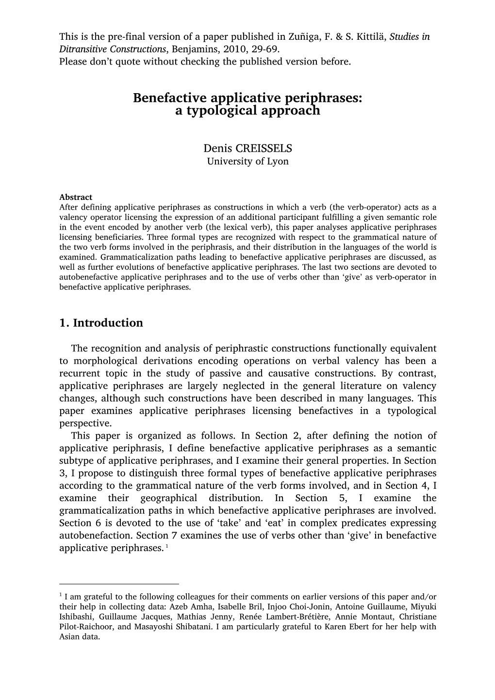 Benefactive Applicative Periphrases: a Typological Approach