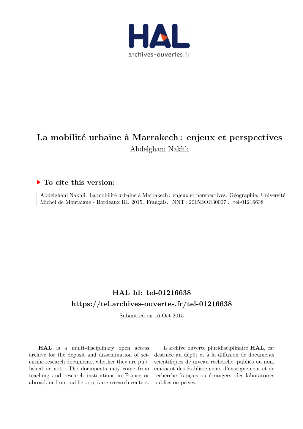 La Mobilité Urbaine À Marrakech : Enjeux Et Perspectives Abdelghani Nakhli