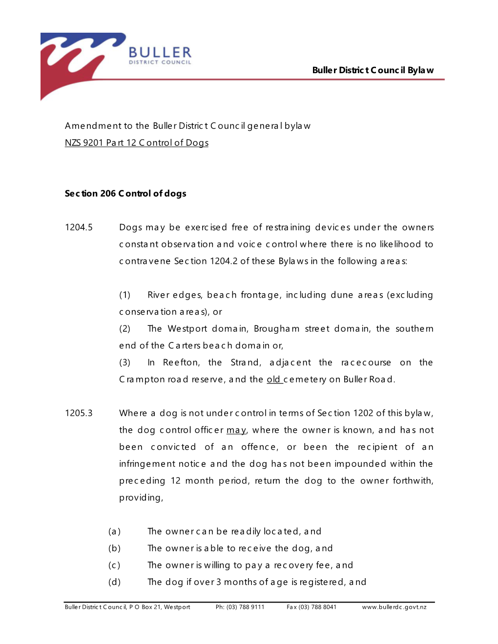 Buller District Council Bylaw Amendment to the Buller District