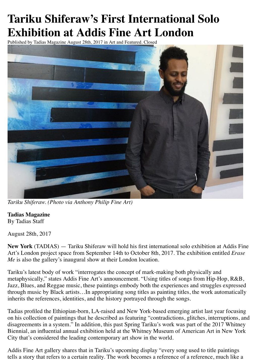 Tariku Shiferaw's First International Solo Exhibition at Addis Fine Art London