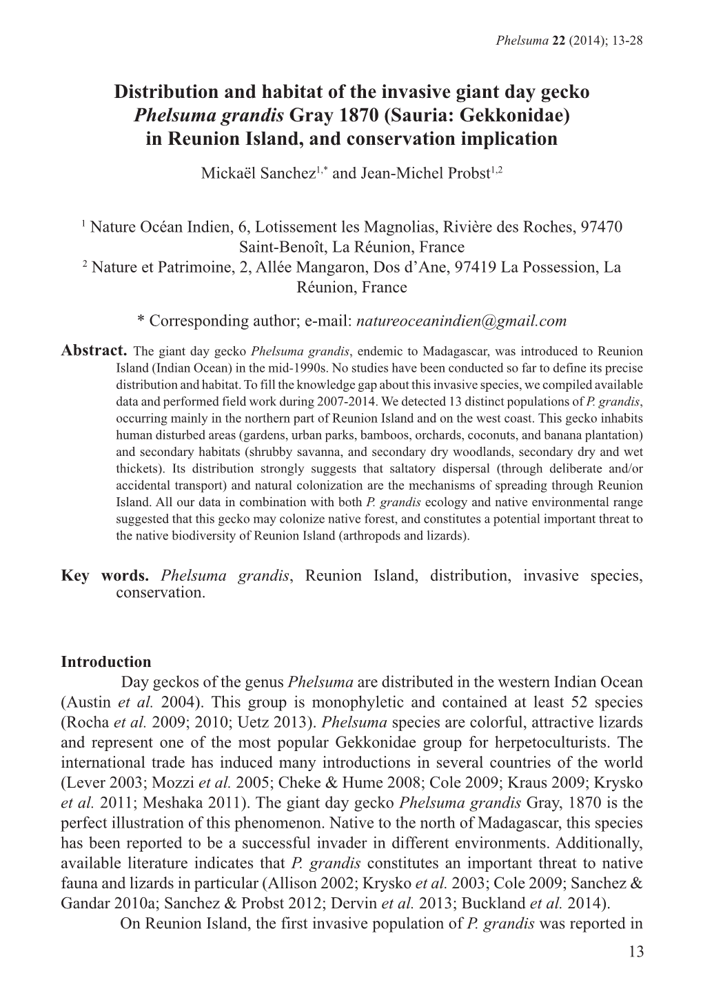 Distribution and Habitat of the Invasive Giant Day Gecko Phelsuma Grandis Gray 1870