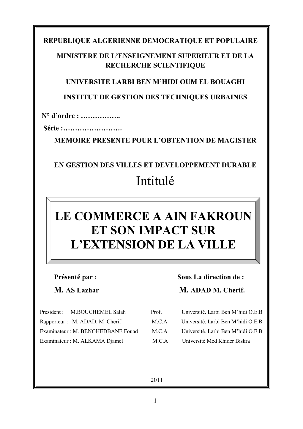 Le Commerce À Ain Fakroun Et Son Impact Sur L’Extension De La Ville Résumé