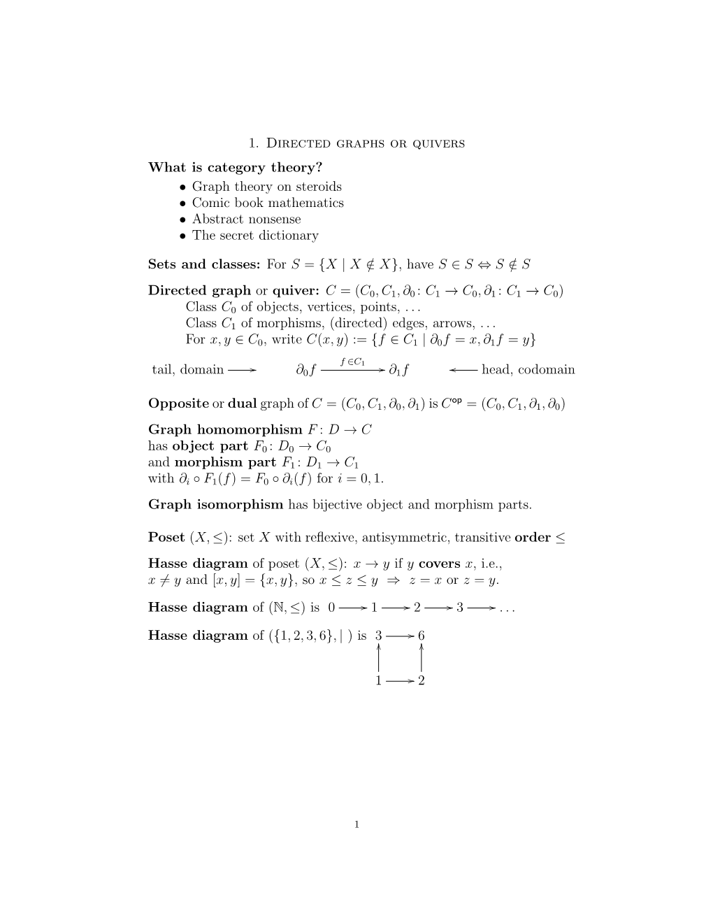1. Directed Graphs Or Quivers What Is Category Theory? • Graph Theory on Steroids • Comic Book Mathematics • Abstract Nonsense • the Secret Dictionary