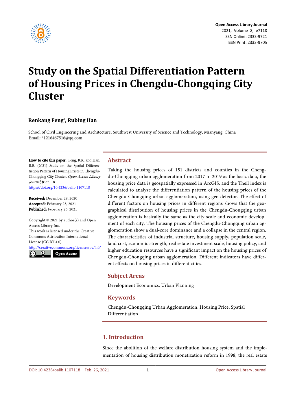 Study on the Spatial Differentiation Pattern of Housing Prices in Chengdu-Chongqing City Cluster