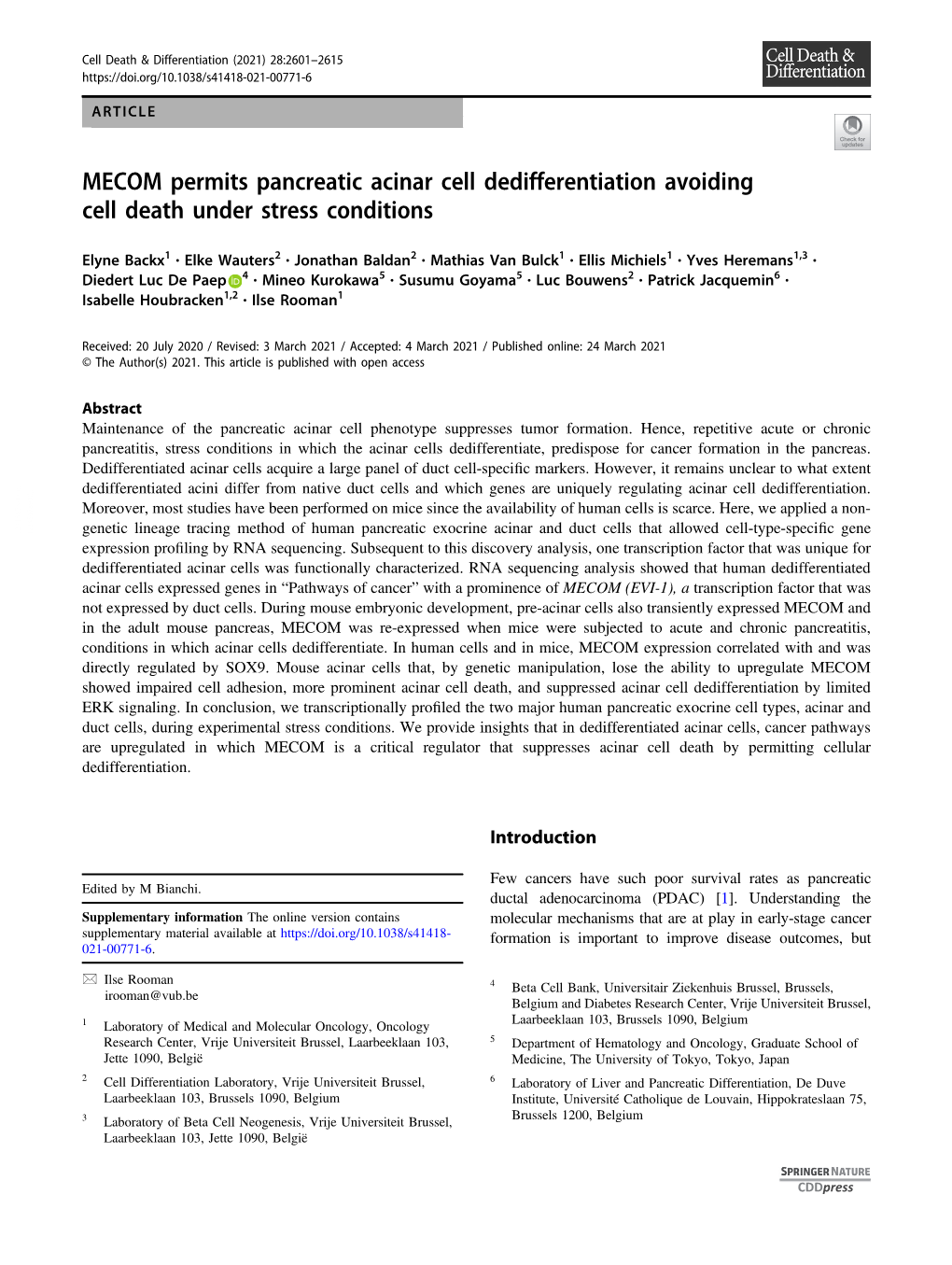 MECOM Permits Pancreatic Acinar Cell Dedifferentiation Avoiding Cell Death Under Stress Conditions