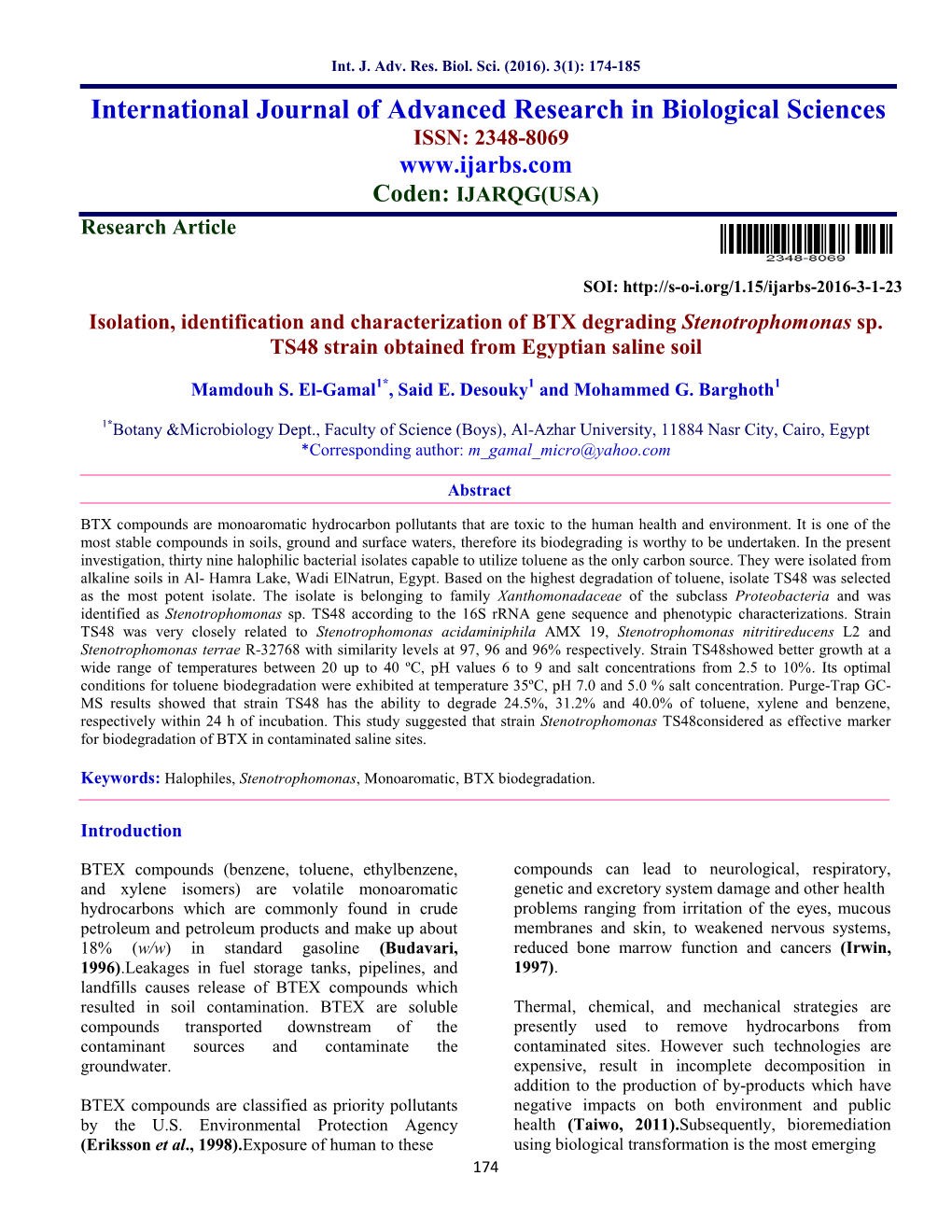 International Journal of Advanced Research in Biological Sciences ISSN: 2348-8069 Coden: IJARQG(USA) Research Article