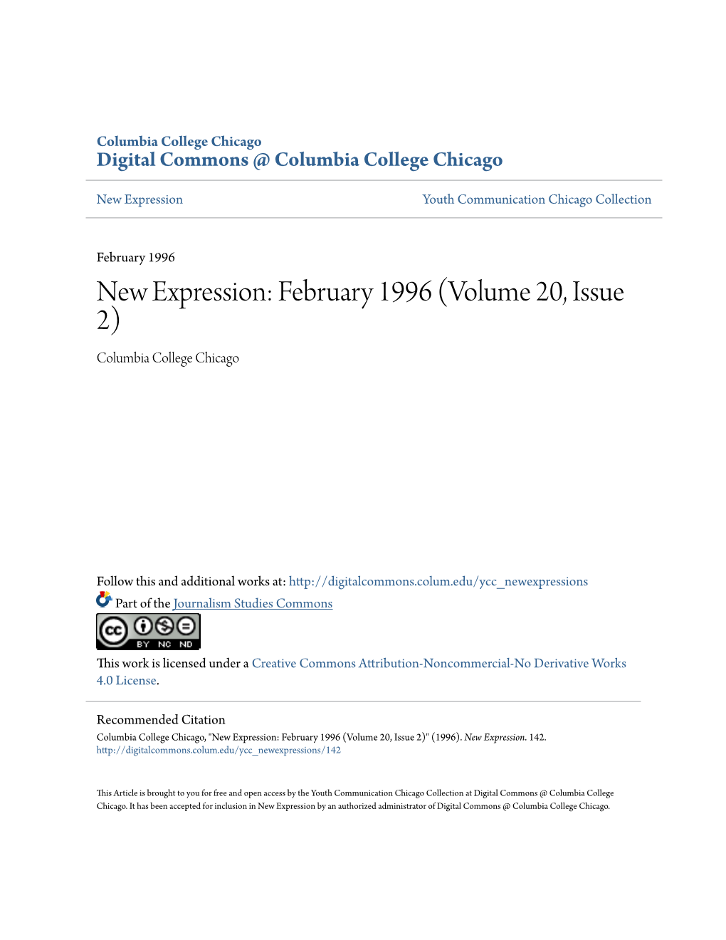 New Expression: February 1996 (Volume 20, Issue 2) Columbia College Chicago