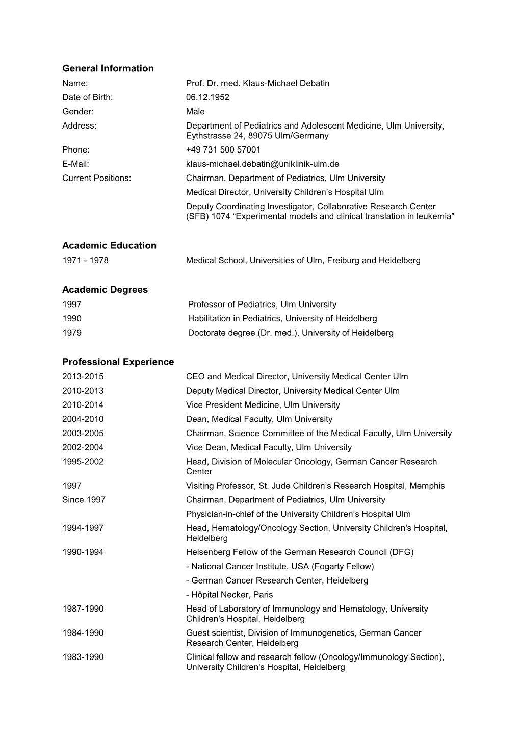 SFB 1074 Renewal Application PI Profiles 2016-2020