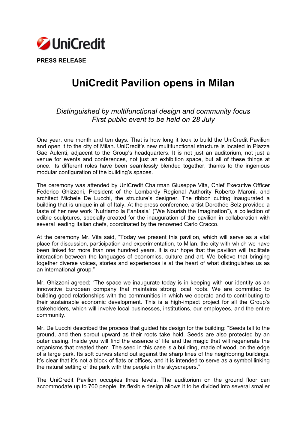 Unicredit Pavilion Opens in Milan