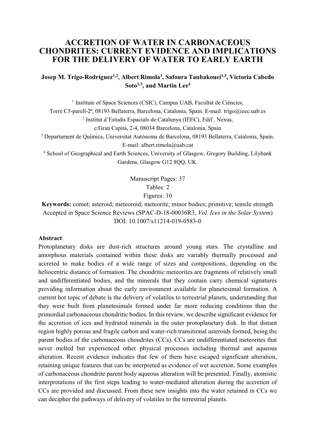 Accretion of Water in Carbonaceous Chondrites: Current Evidence and Implications for the Delivery of Water to Early Earth