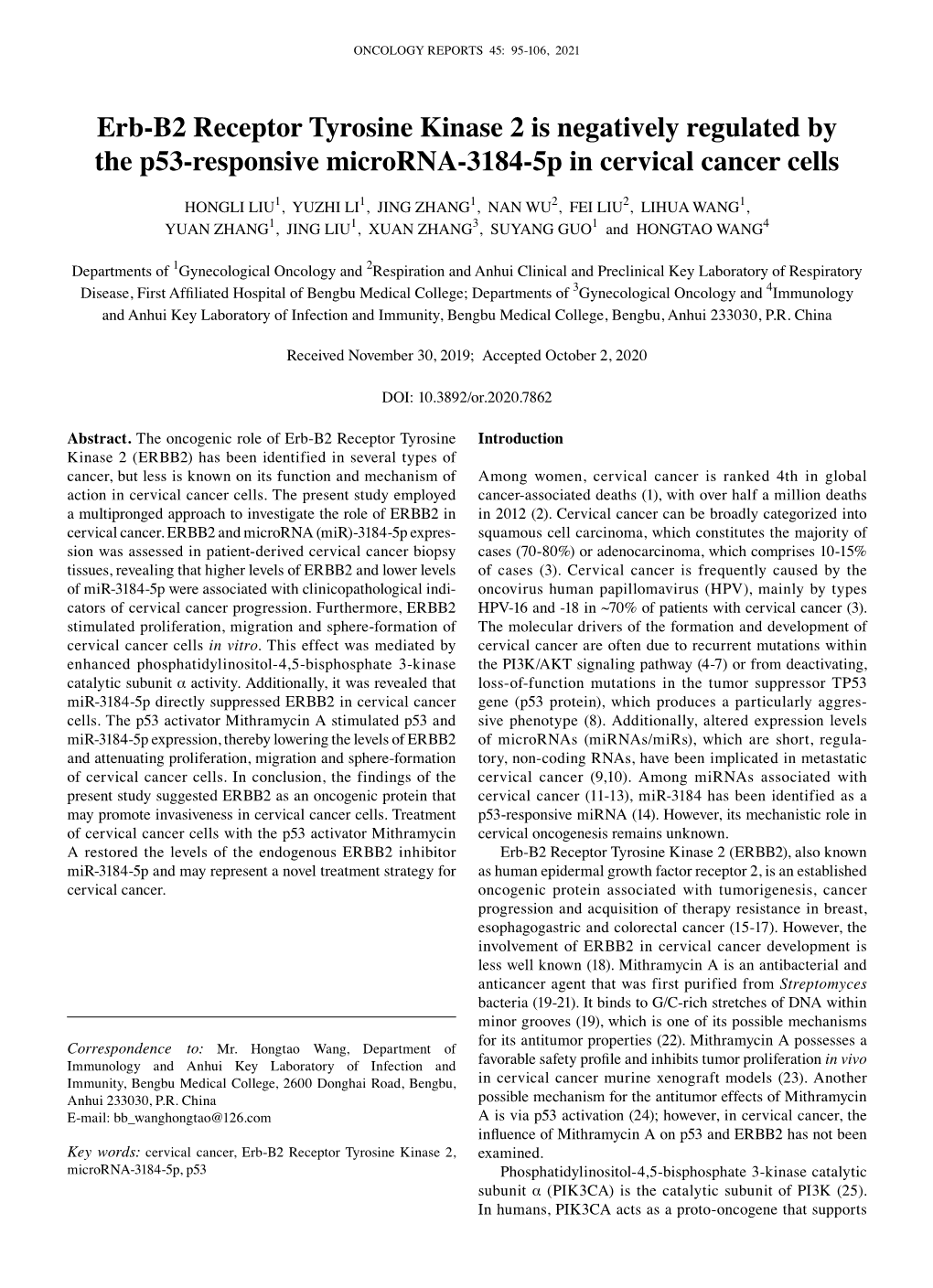 Erb‑B2 Receptor Tyrosine Kinase 2 Is Negatively Regulated by the P53‑Responsive Microrna‑3184‑5P in Cervical Cancer Cells